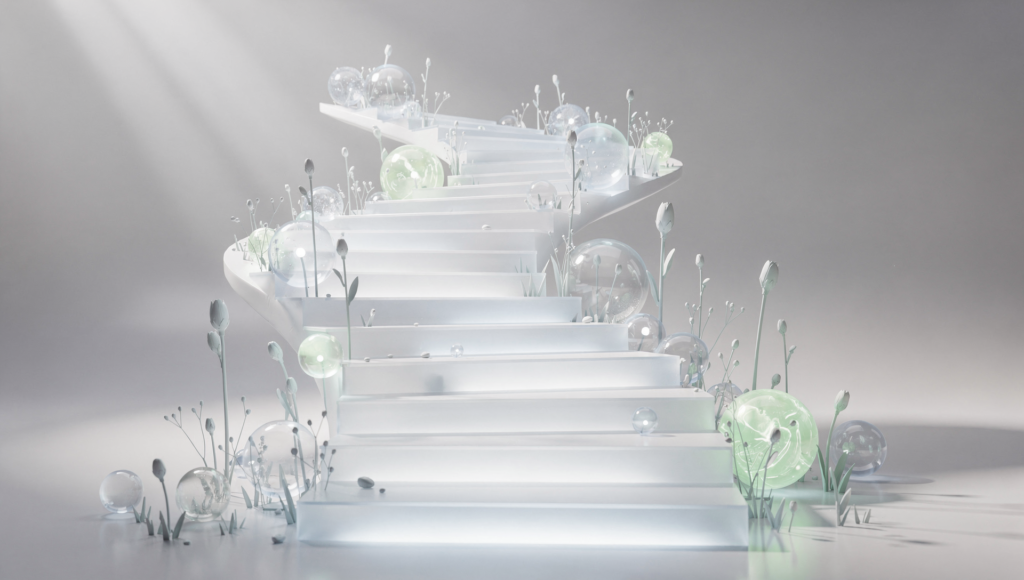 Escalera que representa el crecimiento y flores que representan la llegada a la pubertad